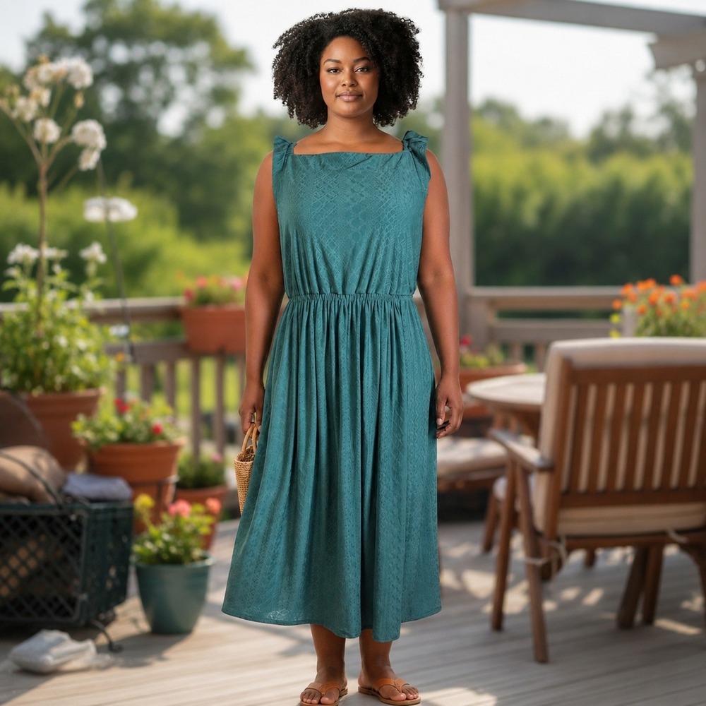 351. Lane Bryant Green Textured Eyelet Ruffle Strap Elastic Waist Midi Dress